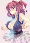  between_breasts blush breasts buriki cleavage ghost hair_bobbles hair_ornament hitodama large_breasts onozuka_komachi pink_eyes pink_hair skirt solo sweatdrop touhou 