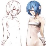  ayanami_rei bandages bare_shoulders blue_hair breasts eyepatch neon_genesis_evangelion non-web_source nude red_eyes sarashi short_hair youichi 