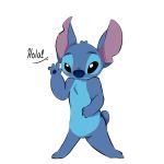  1:1 4_fingers alien back_markings black_eyes blue_body blue_fur blue_nose blue_pawpads chest_tuft dialogue diamondskyblog digital_drawing_(artwork) digital_media_(artwork) disney experiment_(lilo_and_stitch) fingers fur gesture head_tuft lilo_and_stitch markings notched_ear pawpads simple_background small_tail solo spanish_text standing stitch_(lilo_and_stitch) text tuft waving white_background 