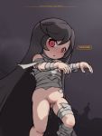  :o alternate_costume alternate_hairstyle ashley_(warioware) bandages black_hair blush bottomless commentary commentary_request costume english_text hair_down halloween halloween_costume mummy mummy_costume naked_bandage navel pussy pussy_juice red_eyes warioware 