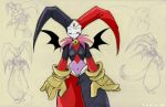  2005 5_fingers animal_humanoid bat_wings bell bottomwear breasts chalo chrono_cross clothed clothing collar demon dragon dragon_humanoid female fingers harle_(chrono_cross) humanoid jester membrane_(anatomy) membranous_wings pants scalie shirt solo tongue tongue_out topwear wings 