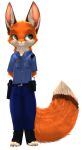  anthro belt blue_bottomwear blue_clothing blue_pants blue_topwear bottomwear canid canine claws clothed clothing fox full-length_portrait fully_clothed fur gfox hands_behind_back hi_res looking_aside mammal multicolored_tail orange_body orange_fur orange_tail pants portrait simple_background solo standing toe_claws topwear white_background 