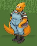  alphys anthro bag belly big_tail boots breasts buckteeth clothed clothing epitaphkho_(artist) eyewear female footwear fully_clothed glasses half-closed_eyes hi_res jewelry looking_aside narrowed_eyes necklace non-mammal_breasts overalls overweight overweight_female reptile scalie shirt solo striped_shirt teeth thick_tail thick_thighs topwear undertale video_games wide_hips 