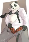  2017 anthro belly black_body black_fur bottomwear bulge clothed clothing fur giant_panda green_eyes hi_res humanoid_hands izvy_(artist) male mammal navel open_shirt pants shirt slightly_chubby solo topwear underwear undressing ursid white_body white_fur 