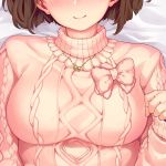  1girl bed bow breasts brown_hair close-up idolmaster idolmaster_cinderella_girls jewelry large_breasts lying maekawa_miku necklace on_back pink_sweater shiokonbu sweater 