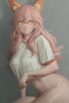  1girl absurdres animal_ear_fluff animal_ears blush bottomless breasts fate_(series) fox_ears fox_girl gym_shirt highres large_breasts long_hair looking_at_viewer navel pink_hair shiny shiny_hair shiny_skin shirt sitting solo tamamo_(fate)_(all) tamamo_no_mae_(fate) yellow_eyes yohan1754 