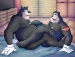  2017 4:3 anthro belly black_body black_fur butt dirty-palms disney duo eyes_closed felid feline fur goof_troop humanoid_hands male male/male mammal moobs nipples overweight overweight_male peter_pete_sr. pj_(goof_troop) sitting 