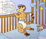  2019 absurd_res anthro bodily_fluids clothed clothing crinklemouse cub diaper digital_media_(artwork) felid feline genital_fluids hair hi_res male mammal pantherine paw_patrol plushie sitting smile solo text tiger topless urine wet_diaper wetting young 