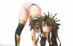  1girl armlet ass bangs bent_over black_gloves black_hair black_panties black_ribbon blue_legwear bracelet breasts closed_mouth covered_nipples crown detached_collar earrings elbow_gloves eyebrows_visible_through_hair fate/grand_order fate_(series) gloves hair_ribbon highres hoop_earrings ishtar_(fate)_(all) ishtar_(fate/grand_order) jewelry k19 legs_apart long_hair long_legs looking_away medium_breasts panties parted_bangs patreon_username red_eyes ribbon sidelocks simple_background single_elbow_glove single_glove single_thighhigh skindentation smile solo thighhighs thighs thong tiara twintails underwear white_background white_bikini_top 