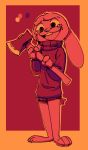  2019 ambiguous_gender anthro axe barefoot bodily_fluids border buckteeth clothed clothing color_swatch crying disney fuel_(artist) head_tuft hi_res holding_object holding_weapon insane lagomorph leporid mammal melee_weapon open_mouth open_smile orange_border rabbit red_background simple_background smile solo standing sweater tears teeth topwear tuft violet_hopps weapon zootopia 