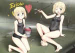  2girls :o a9b_(louis814) absurdres arm_support ass_visible_through_thighs barefoot blonde_hair breasts character_name covered_navel erica_hartmann feet fw_190 heart highres kneeling looking_at_viewer multiple_girls one_eye_closed paint_on_body paint_on_face paintbrush rimless_eyewear school_swimsuit short_hair siblings sisters sitting small_breasts smile soles strike_witches swimsuit toes twins ursula_hartmann world_witches_series 