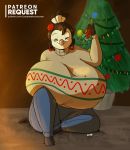 2019 anthro avian big_breasts bird bottomwear breasts brown_hair christmas christmas_tree clothed clothing digital_media_(artwork) eyes_closed female fully_clothed galliform hair hi_res holding_object holidays huge_breasts jeans joaoppereiraus la_pavita_pechugona non-mammal_breasts pants pavita_pechugona phasianid smile solo sweater text topwear tree turkey url 