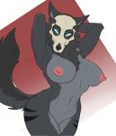  2019 anthro areola belly big_breasts biped black_body black_fur blush bodily_fluids breasts butt canid canine canis curvy_figure female fluffy fluffy_tail fur hi_res inner_ear_fluff josun looking_at_viewer mammal navel nipples nude pussy simple_background solo standing sweat thick_thighs tuft 