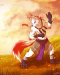  2019 5_fingers anthro anthrofied athletic athletic_male blue_eyes canid canine canis collar detailed_background fingers fur grass hi_res humanoid_hands koll male mammal multicolored_body multicolored_fur quill-tail red_body red_fur sdorica sdorica_sunset sky solo two_tone_body two_tone_fur two_tone_tail white_body white_fur wolf 
