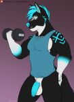  2019 abs anthro axis_nightstorm_(virtualrage) balls biped black_body black_fur blue_eyes blue_hair blue_nose blue_penis bottomless canid canine canis cheek_tuft claws clothed clothing digital_drawing_(artwork) digital_media_(artwork) dumbbell exercise facial_tuft fingers flaccid fur gradient_background hair hand_on_butt holding_object looking_away male mammal masonparker muscular muscular_male nipples patreon pecs penis shirt signature simple_background solo standing tank_top text three-quarter_view topwear tuft uncut url weights white_body white_fur wolf workout 