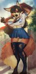  2019 anthro black_hair black_nose bottomwear breast_expansion breasts canid canine chanrom clothing cloud day digitigrade female fox green_eyes hair hand_behind_head hi_res legwear long_hair mammal midriff navel nipples one_eye_closed outside school_uniform skirt solo standing stockings torn_clothing transformation underwear uniform 