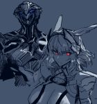 1boy 1girl armor body_armor breasts caenis_(fate) cleavage closed_mouth fate/stay_night fate_(series) grey_background greyscale highres large_breasts melon22 monochrome odysseus_(fate/grand_order) red_eyes simple_background spot_color 