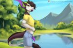  2019 alex_carver_(masonparker) anthro beard biped black_beard black_body black_fur black_hair blep clothing day detailed_background dragon facial_hair forest fur fur_markings grass green_body green_fur green_sclera hair half-erect horn humanoid_penis hybrid lake landscape long_tail looking_at_viewer male markings masonparker mountain outside patreon penis purple_eyes purple_penis purple_tongue shirt short signature solo standing text tongue tongue_out topwear tree uncut unzipped url vein veiny_penis water white_body white_fur 