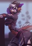  2019 anthro breasts canid canine clothed clothing digital_media_(artwork) female fingers hi_res hybrid mammal purple_eyes purple_nose smile solo under_boob viga 