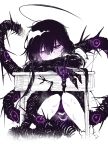  1girl absurdres black_sclera blush closed_mouth desk eldritch_abomination extra_arms extra_eyes extra_mouth hair_between_eyes highres karasu_raven long_hair open_mouth original purple_eyes saliva simple_background sitting smile solo teeth tentacles white_background 