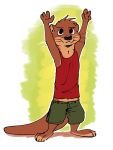  2019 :3 abstract_background ambiguous_gender anthro barefoot bottomwear clothed clothing fuel_(artist) green_background head_tuft hi_res inner_ear_fluff lutrine mammal midriff mustelid oliver_(fuel) raised_arm shirt shorts simple_background smile solo tank_top topwear tuft whiskers white_background 