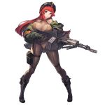  1girl bangs blunt_bangs bodysuit boots breasts cleavage cleavage_cutout gloves goggles goggles_on_head gun highres jacket large_breasts last_origin long_hair looking_at_viewer machine_gun official_art paintale purple_eyes red_hair sidelocks solo t-3_leprechaun tachi-e transparent_background weapon wide_hips 