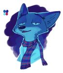  2019 abstract_background ambiguous_gender anthro blue_background canid canine cheek_tuft clothed clothing cool_colors cute_fangs disney facial_tuft fox fuel_(artist) half-closed_eyes inner_ear_fluff mammal narrowed_eyes neck_tuft nick_wilde scarf simple_background solo tuft white_background zootopia 