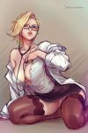  1girl alternate_costume areola_slip areolae bbc-chan bespectacled between_breasts black_legwear black_skirt blonde_hair blue_eyes breasts cleavage collarbone garter_straps garters glasses highres kneeling labcoat lips lipstick long_hair makeup medium_breasts medium_hair mercy_(overwatch) no_bra no_panties nose off-shoulder_shirt off_shoulder open_clothes open_shirt overwatch pencil_skirt pubic_hair puckered_lips pussy sheer_legwear shirt side_slit skirt solo stethoscope thighhighs unbuttoned unbuttoned_shirt uncensored updo 