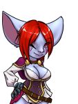  2019 breasts cleavage clothed clothing female furball hair hand_on_hip humanoid league_of_legends looking_at_viewer one_eye_closed pink_eyes portrait red_hair riot_games scar scar_over_eye simple_background smile solo three-quarter_portrait video_games white_background wyla_(furball) yordle 