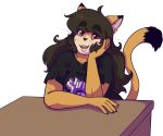  2019 5_fingers anthro clothed clothing cougar digital_media_(artwork) felid feline female fingers fur furniture hair humanoid_hands invalid_tag kami looking_at_viewer mammal open_mouth overweight queenkami red_eyes simple_background sitting smile solo table teeth 