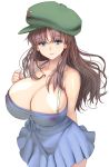  1girl bare_legs bare_shoulders blue_dress blue_eyes breasts brown_hair cleavage commentary_request covered_nipples cowboy_shot curvy dress eyebrows_visible_through_hair eyes_visible_through_hair green_headwear highres large_breasts long_hair masao no_bra original pleated_dress short_dress smile visor_cap white_background 
