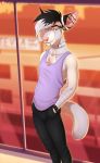  2019 anthro biped black_bottomwear black_clothing black_hair black_pants blurred_background bottomwear canid canine chest_tuft clothed clothing collar detailed_background digital_drawing_(artwork) digital_media_(artwork) ear_piercing eyebrows fur fur_markings grin hair half-closed_eyes hands_in_pocket highlights_(coloring) inside looking_away male mammal markings masonparker narrowed_eyes pants patreon piercing pink_eyes pink_hair pink_nose shirt signature skinny smile solo standing tank_top text topwear tuft url white_body white_fur white_hair 