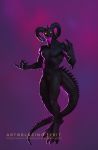  2019 4_fingers anthro black_body black_skin blazingifrit curled_horns demon featureless_crotch fingers glistening glistening_body glistening_skin glowing glowing_eyes glowing_tongue hi_res horn looking_at_viewer male nude open_mouth signature simple_background solo tongue unknown_species yellow_eyes 