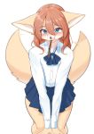  2019 absurd_res anthro blue_bottomwear blue_clothing blue_eyes blue_skirt blush bottomwear canid canine clothing denyfake eyebrow_through_hair eyebrows female front_view fur hair hi_res looking_at_viewer mammal motion_lines pleated_skirt simple_background skirt solo tailwag tan_body tan_ears tan_fur tan_tail topwear translucent translucent_hair white_background white_clothing white_topwear 