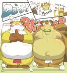  2017 anthro asian_clothing belly brown_body brown_fur bulge canid canine clothing duo east_asian_clothing fox fundoshi fur hi_res humanoid_hands japanese_clothing kuroneko_coffee male mammal moobs navel nipples obese overweight raccoon_dog tanuki text underwear 