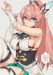  1girl ? bare_shoulders braid breasts commentary detached_sleeves dragalia_lost eyebrows_visible_through_hair green_eyes grey_background hair_ornament hands_up haoni high_ponytail highres knee_up large_breasts long_hair looking_at_viewer louise_(dragalia_lost) pink_hair ponytail pose sideboob simple_background sitting solo spoken_question_mark thighhighs thighs underboob_cutout very_long_hair 