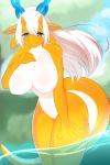  absurd_res anthro blue_eyes breasts denyfake female hair hi_res horn leaning leaning_forward nude partially_submerged scalie solo water white_body white_hair 