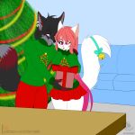  1:1 aditi_malal artemis_tsukino bell black_nose blue_eyes bottomwear bow_tie canid canine canis christmas christmas_lights christmas_sweater christmas_tree claws clothed clothing couple_(disambiguation) domestic_cat duo felid feline felis female fully_clothed fur furniture gift hair hand_on_shoulder happy hi_res holidays long_hair long_tail lycos_ryugen male mammal multicolored_body multicolored_fur open_mouth ornaments pants piercing pink_eyes pink_hair pink_nose skirt sofa surprise tree white_body white_fur wolf 