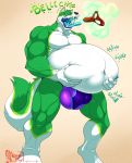  2019 5_fingers anthro belly biceps big_belly black_nose blue_tongue bulge burping canid canine canis digitigrade eyebrows fingers gloves_(marking) green_body green_hair green_skin hair hand_on_gut hi_res hungothenomster leg_markings male mammal markings multicolored_body multicolored_skin muscular muscular_male muscular_thighs pecs post_vore sharp_teeth socks_(marking) solo standing teeth tight_underwear tongue two_tone_body two_tone_skin vore white_body white_skin wolf 