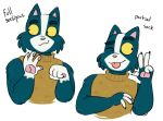  2018 anthro avocato claws clothed clothing digital_media_(artwork) felid feline felis final_space fingers fur gesture jadeyarts male mammal one_eye_closed pawpads paws sequence smile solo tongue tongue_out v_sign ventrexian waving weapon wink 