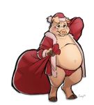  2019 anthro belly blush christmas clothing domestic_pig hat headgear headwear hi_res holidays izvy_(artist) male mammal overweight overweight_male santa_claus santa_hat simple_background solo suid suina sus_(pig) underwear white_background 