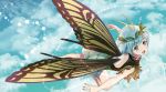  1girl album_cover antennae aqua_hair back_cutout blue_eyes blue_hair butterfly_wings cloud commentary_request cover dress eternity_larva flying highres kyuu_umi leaf leaf_on_head open_mouth short_sleeves sky smile solo touhou wings 