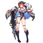  1girl bangs blush boots breasts cleavage cleavage_cutout fingerless_gloves gloves goggles goggles_on_head gun highres jacket large_breasts last_origin leotard long_hair machine_gun paintale red_hair sidelocks solo t-3_leprechaun transparent_background underboob weapon 