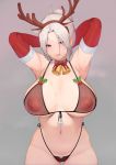  1girl :q antlers areolae armpits arms_behind_head bad_id bell bell_choker bow bowtie breasts choker cleavage groin heart heart-shaped_pupils highres large_breasts last_origin looking_at_viewer moebell0 mole mole_on_breast navel navel_piercing nipples piercing ponytail prototype_labiata red_eyes reindeer_antlers school_uniform serafuku smile solo sweat symbol-shaped_pupils tongue tongue_out white_hair 