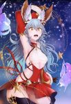  1girl animal_ears arm_behind_head arm_up armpits bare_shoulders black_legwear blue_background blue_hair bottomless breasts covered_navel curly_hair detached_sleeves dress erune ferry_(granblue_fantasy) fur-trimmed_sleeves fur_trim ghost granblue_fantasy groin hair_between_eyes hat highres holding_whip jewelry long_hair medium_breasts mikamino96 no_panties open_mouth red_dress santa_hat see-through sideless_outfit single_earring snowing solo star underboob underboob_cutout upper_teeth very_long_hair yellow_eyes 