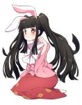  1girl alternate_hairstyle animal_ears bangs black_hair blunt_bangs blush bow bowtie bunny_ears commentary_request eyebrows_visible_through_hair hand_up highres houraisan_kaguya kemonomimi_mode leaf_print long_hair long_skirt long_sleeves looking_at_viewer paw_pose pink_shirt red_eyes red_skirt shirt sidelocks simple_background sitting skirt socks solo touhou tsukimirin twintails very_long_hair wariza white_background white_bow white_legwear white_neckwear wide_sleeves 