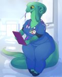  2019 anthro becky_(javanshir) blue_eyes breasts cleavage clothed clothing curvy_figure female forked_tongue fully_clothed green_body green_scales holding_object javanshir long_tail nurse reptile scales scalie snake solo text thick_thighs tongue tongue_out voluptuous wide_hips yellow_sclera 