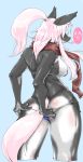  anthro blue_clothing breasts butt canid canine clothing female fur grey_body grey_fur hair hi_res kemono lovehinba mammal multicolored_body multicolored_fur pink_body pink_fur pink_hair pink_tail rear_view red_scarf simple_background solo two_tone_body two_tone_fur 