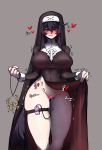  1girl absurdres babo black_hair blush breasts censored gloves groin hair_between_eyes heart heart_censor highres jewelry jewelry_removed last_origin long_hair looking_at_viewer necklace necklace_removed no_panties nun object_insertion pussy_juice red_eyes smile solo thigh_strap trembling vaginal vaginal_object_insertion veronica_type-asc very_long_hair vibrator white_gloves 