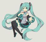  1girl :d ame8desu bare_shoulders black_legwear black_skirt blue_eyes blue_hair blue_neckwear breasts collared_shirt detached_sleeves eyebrows_visible_through_hair floating_hair full_body grey_background grey_shirt hair_between_eyes hand_on_own_chest happy hatsune_miku headset knees_together_feet_apart long_hair looking_at_viewer necktie open_mouth outstretched_hand palms pleated_skirt round_teeth shaded_face shiny shiny_hair shiny_legwear shirt sidelocks simple_background skirt sleeveless sleeveless_shirt small_breasts smile solo teeth thighhighs tongue twintails upper_teeth v-shaped_eyebrows very_long_hair vocaloid zettai_ryouiki 